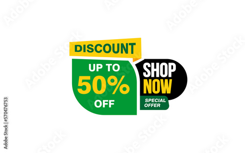 50 Percent SHOP NOW offer, clearance, promotion banner layout with sticker style. 