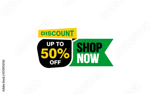 50 Percent SHOP NOW offer, clearance, promotion banner layout with sticker style. 