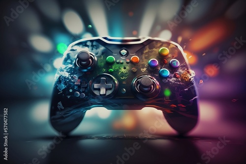 neon video game controller blurred background, generative AI, gamepad, joystick, controller, console, buttons