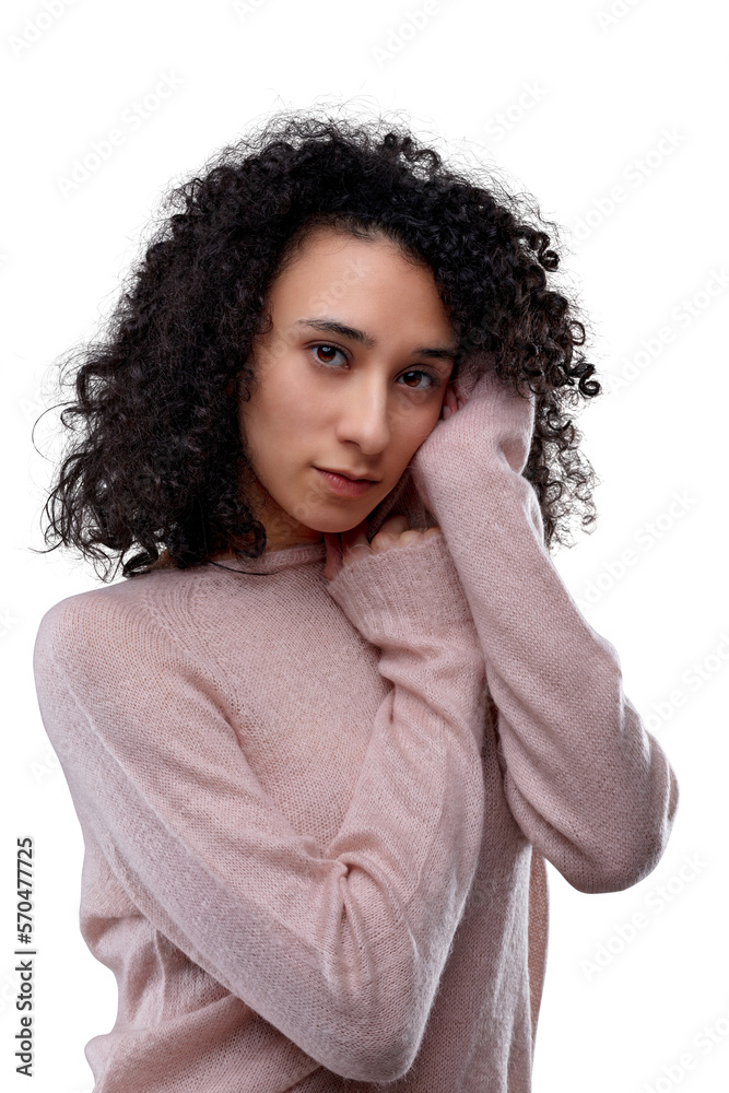 Young woman in pink sweater cuddles, gentle and cute Young woman in pink sweater cuddles, gentle and cute
