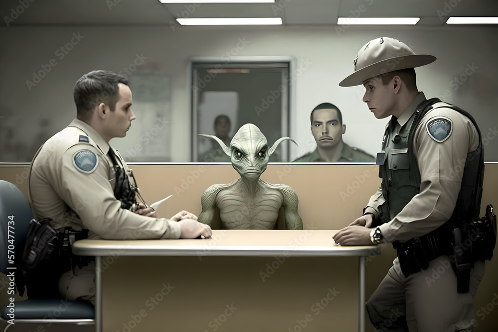An illegal Alien is being detailed by tough immigration officers in a detention center/centre in an international and intergalactic port. Literally extraterrestrial. Alone, upset, transfer. - obrazy, fototapety, plakaty 