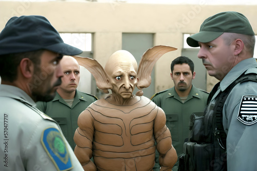 An illegal Alien is being detailed by tough immigration officers in a detention center/centre in an international and intergalactic port. Literally extraterrestrial. Alone, upset, transfer.