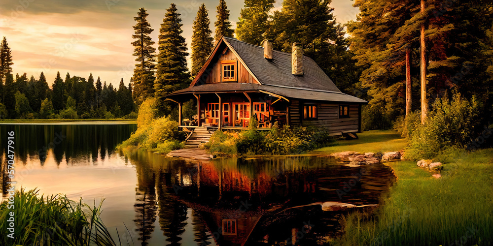 Wooden cabin by the lake in the forest - idyllic setting during the ...