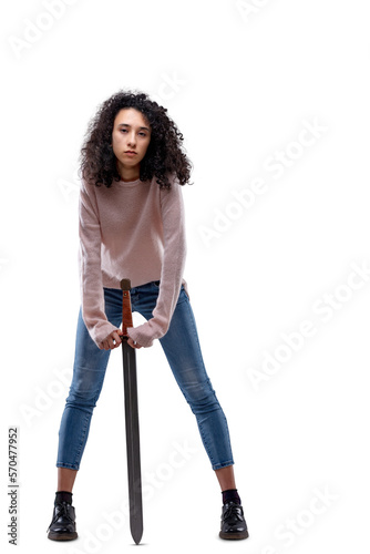 Woman leans on sword, looks bored. Curly hair, beautiful
