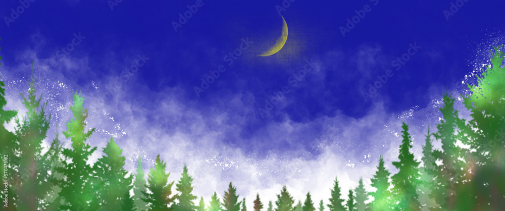 月夜に照らされた森の木々