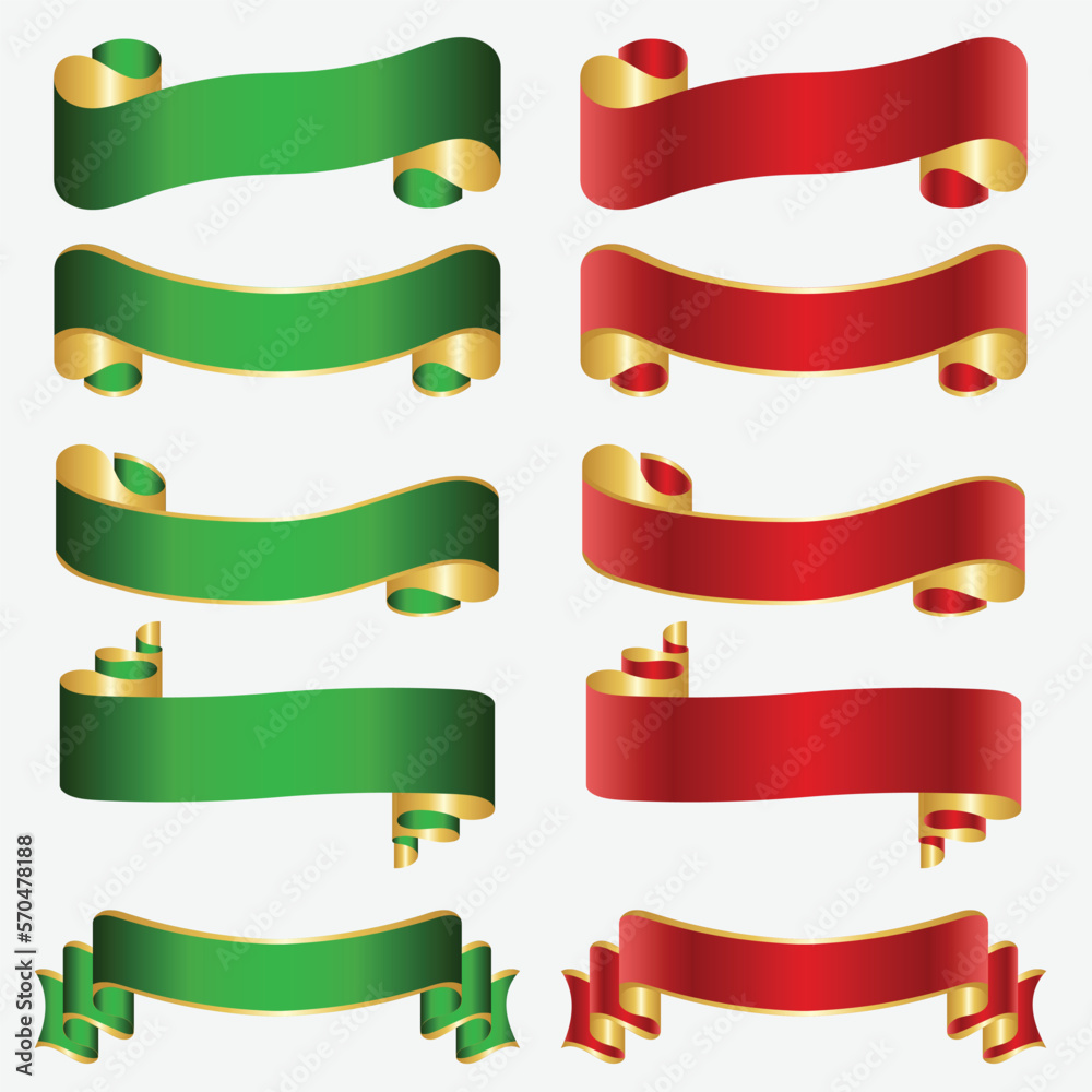 Elegant Red and Green Ribbon Banner Set, Vector Illustration.