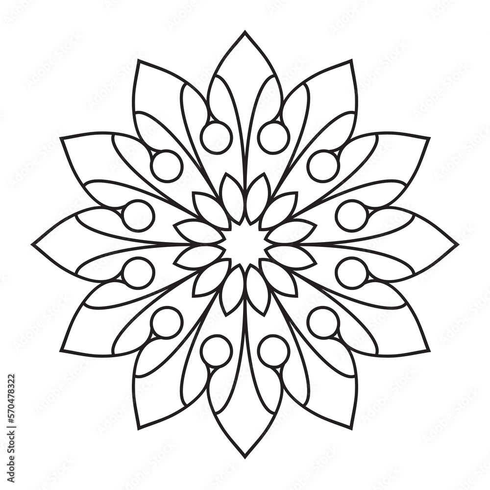 Fototapeta premium Elegant Easy Mandala Flower Design. Simple mandala pages, intricate lines patterns wall art, invitations, branding, designs, basic mandalas Coloring Book page, adults, seniors, beginners, drawing