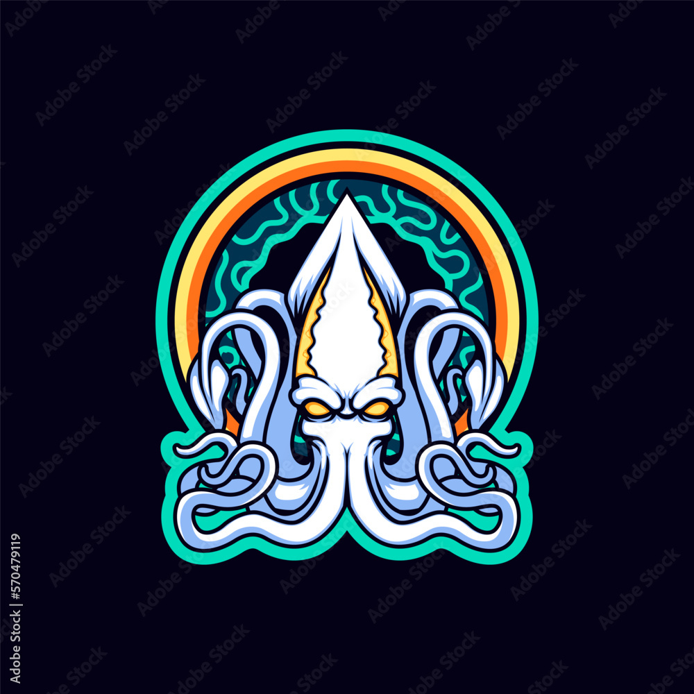 Fototapeta premium White Giant Squid in the Middle of a Golden Ring Mascot