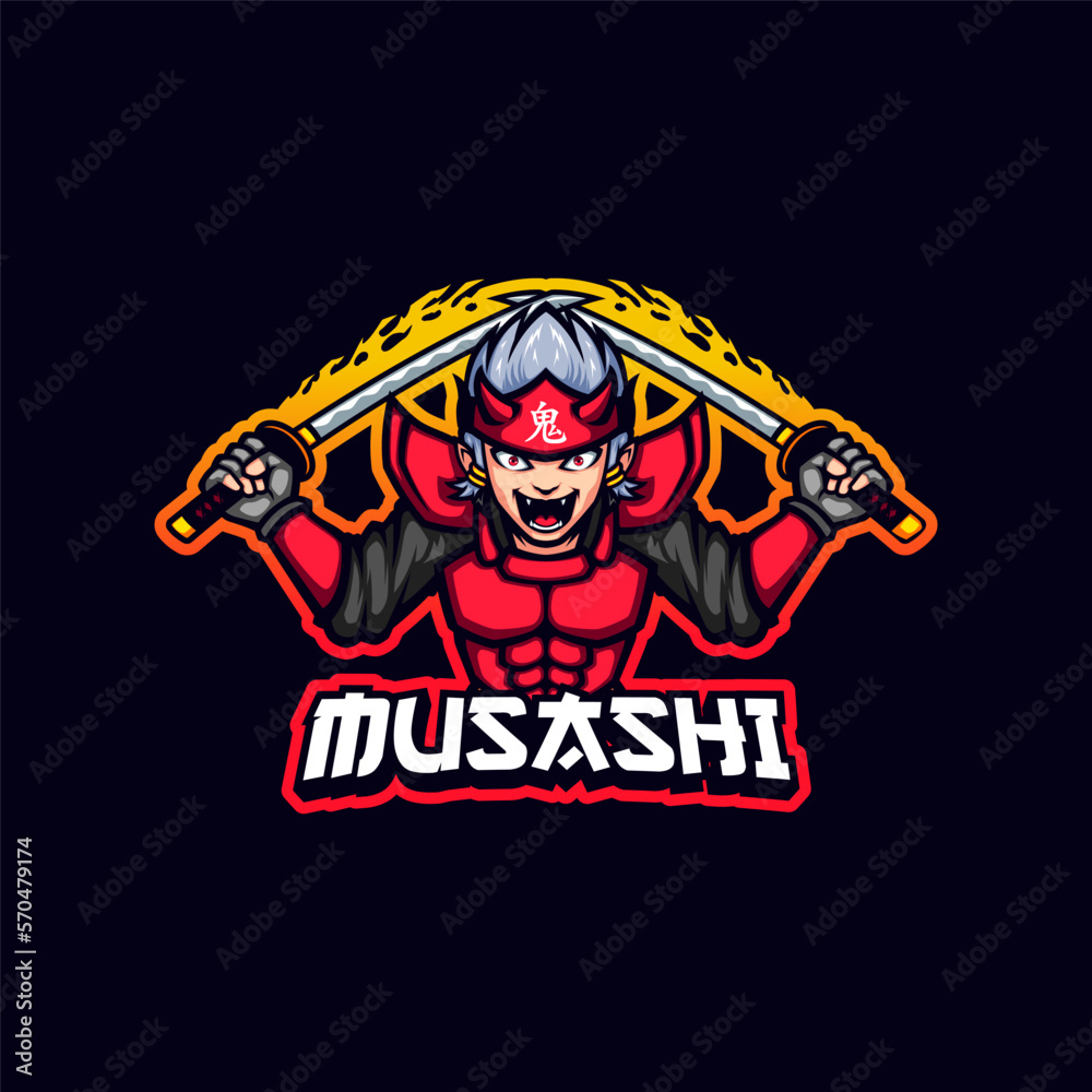 Red Armor Ronin Samurai Dual Katana Mascot Illustration