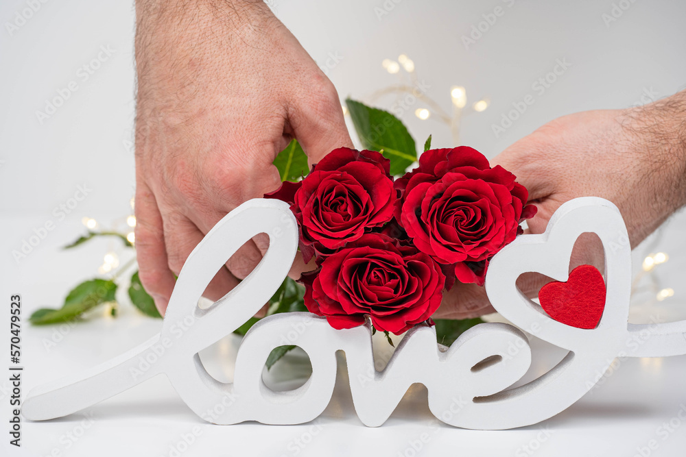Composition for Valentine's day. Celebrating Valentine's. Saint Valentine's day background with red roses and red hearts. - obrazy, fototapety, plakaty 