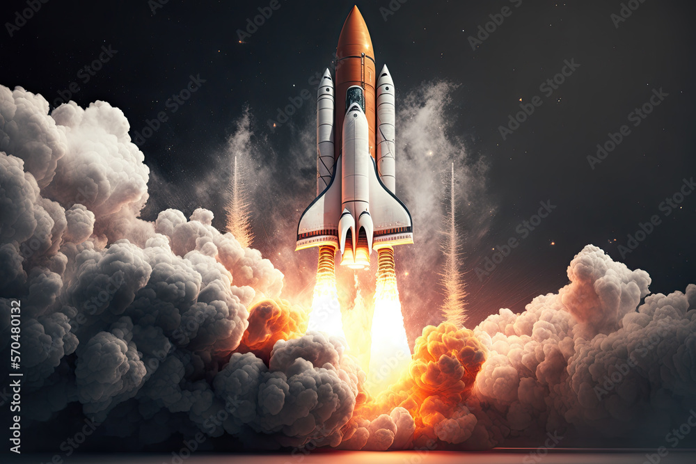 The focus of the image is on the powerful rocket, with its engines blazing as it propels itself into the air. Generative AI