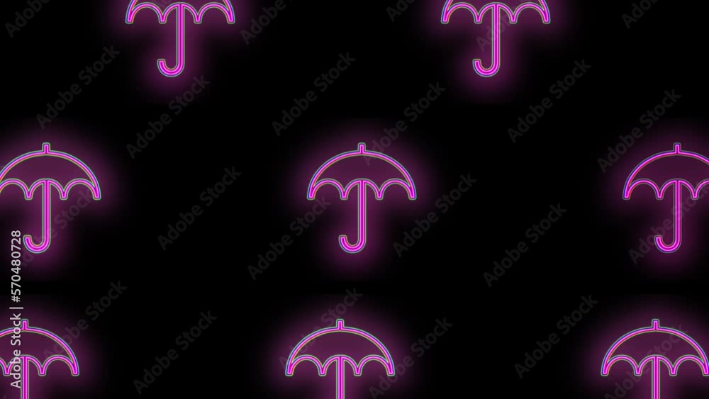 Umbrella icons pattern with neon led light on black gradient, motion abstract disco, club and party style background Umbrella icons pattern with neon led light on black gradient, motion abstract disco, club and party style background