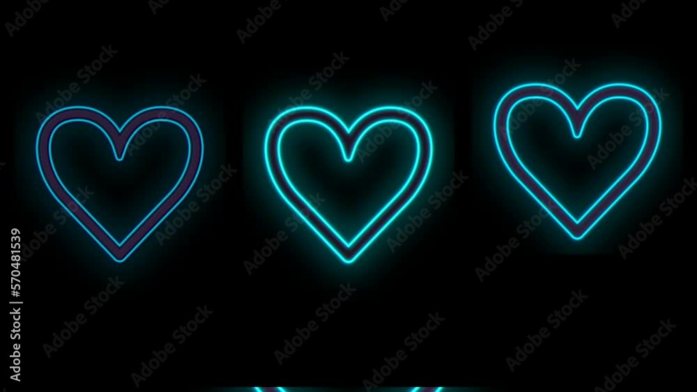 Pulsing neon blue hearts pattern in rows, motion abstract disco, club and party style background