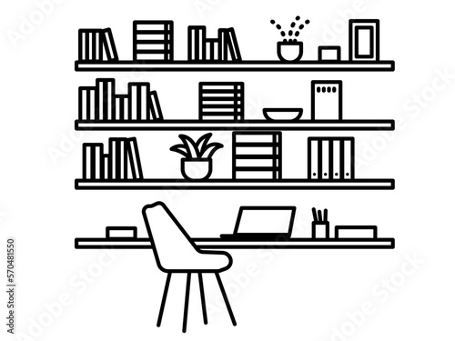書斎をイメージしたイラスト　線画のみ