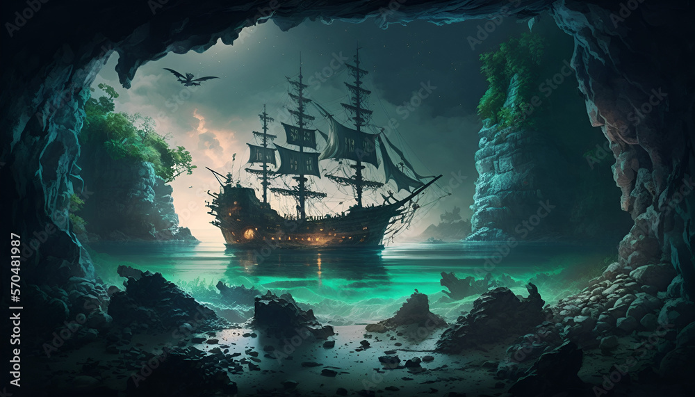 Naklejka premium ship in the sea,an underground ocean, a pirate ship in the foreground, fantasy city on island in the distance as focal point, dark colors, realistic, nighttime, stone ceiling, glowing lichen and moss 