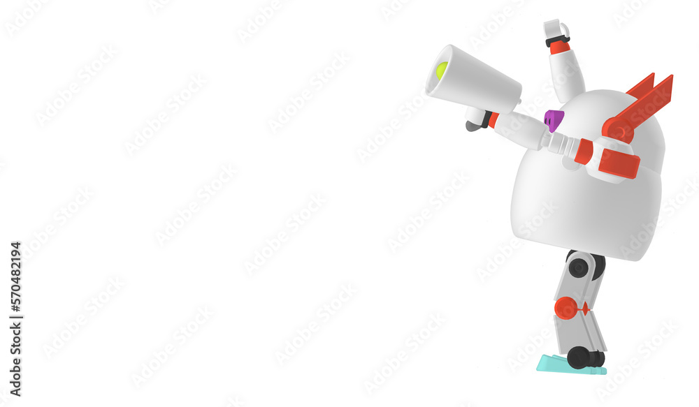 Robot with megaphone hand on, Announcing good news, such as product advertisements,on white background 3D illustration