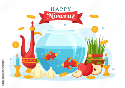 Happy Nowruz Day or Iranian New Year Illustration with Grass Semeni and Fish for Web Banner or Landing Page in Flat Cartoon Hand Drawn Templates