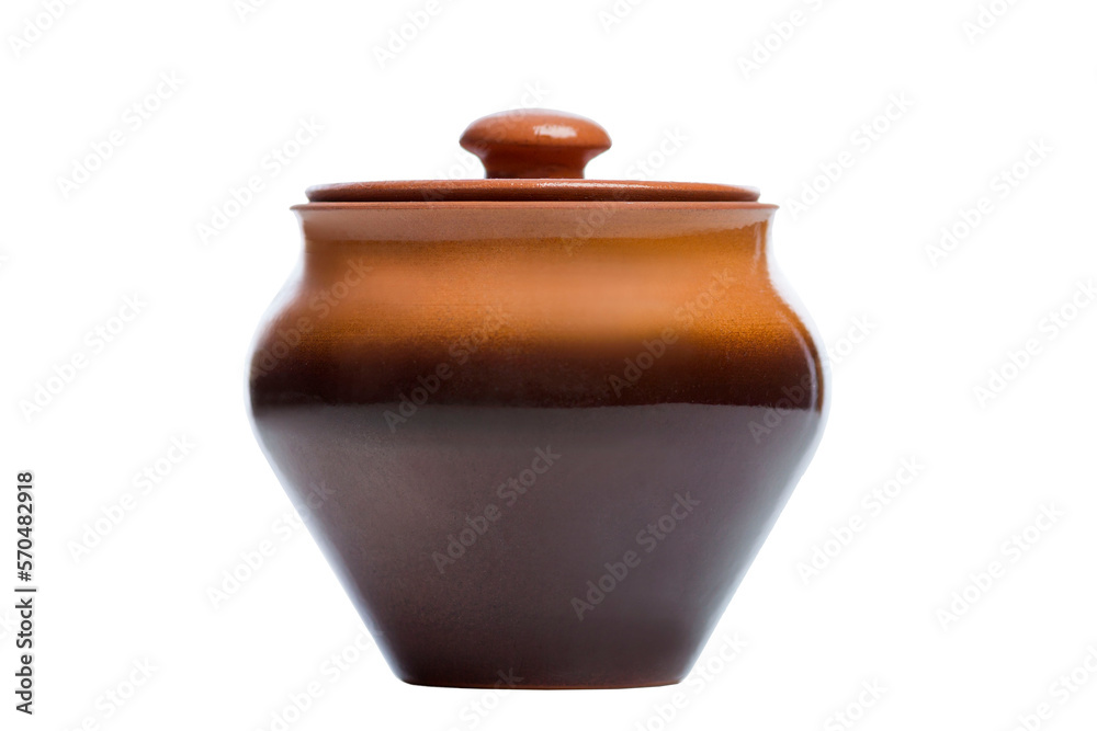 Clay pot for cooking with a lid. Traditional national cuisine. Front view. Close-up. Isolated on white background.