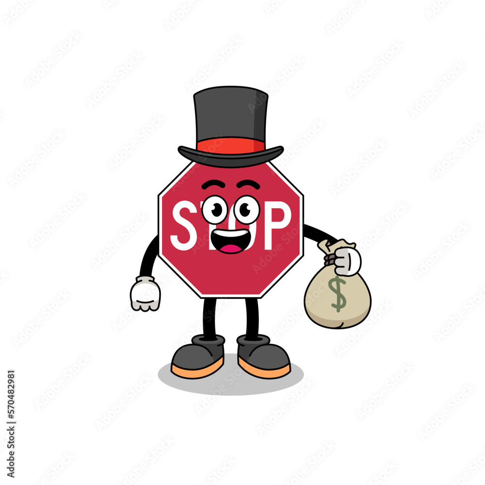 stop road sign mascot illustration rich man holding a money sack
