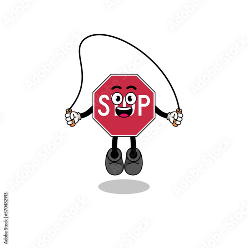 stop road sign mascot cartoon is playing skipping rope