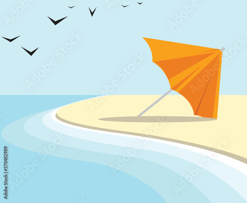 Vector Illustration Beach Scene Sand Water Umbrella Birds Minimalist Graphic