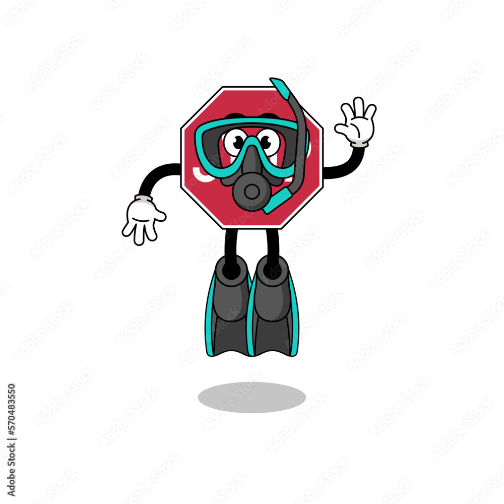 Character cartoon of stop road sign as a diver
