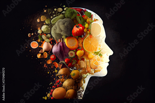 Thinking made of and surrounded by healthy food, fruits and vegetables, healthy lifestyle on a clean background