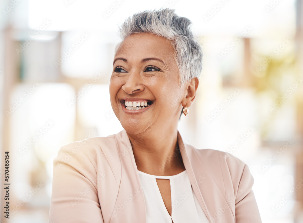 Foto Stock Business, old woman and manager with smile, thinking and