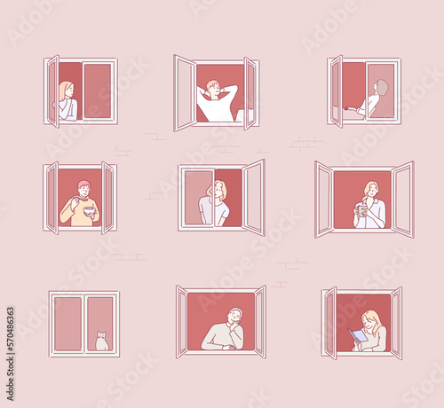 People in window frames . Neighbors that live in apartments. The facade of the house. Hand drawn style vector design illustrations.