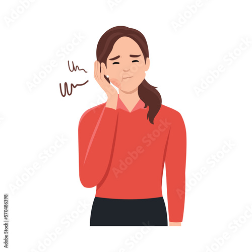 Toothache and problems with teeth concept. Young sad unhappy woman holding cheek due to toothache having expression of pain in swollen cheeks. Flat vector illustration isolated on white background