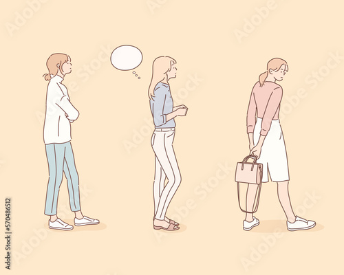 People standing In a row isolated on yellow background. Hand drawn style vector design illustrations.