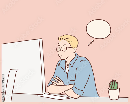 Handsome young man working with computer at table in office. Hand drawn style vector design illustrations.