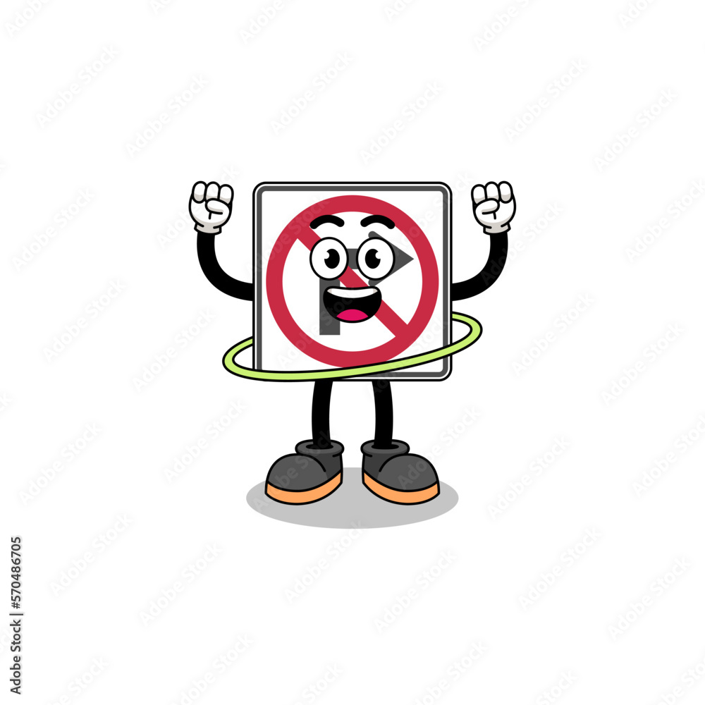 Character Illustration of no right turn road sign playing hula hoop