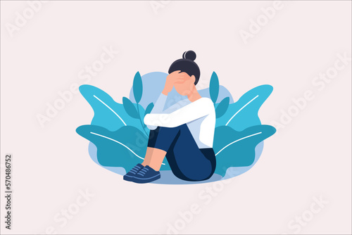 Depressed sad lonely woman in anxiety, sorrow vector cartoon illustration. Loneliness concept of depression with stressed girl sitting and holding her knees need psychotherapy help,