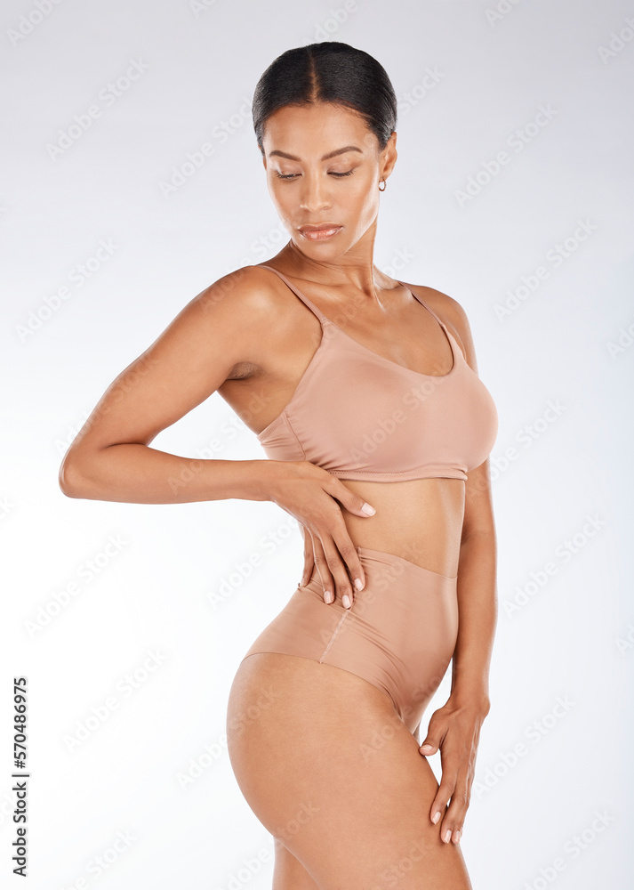 Black woman, slim body and underwear in fitness, healthy diet or