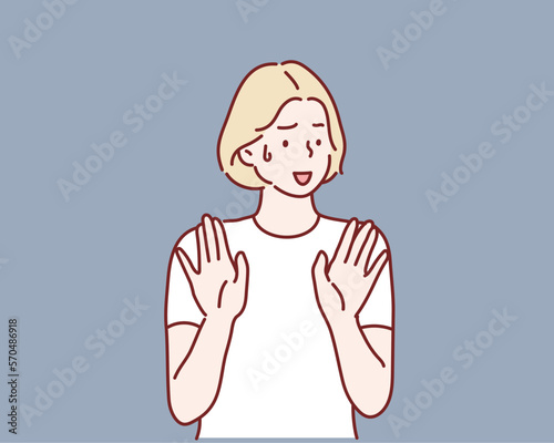 Oh no, stop there. Serious beautiful woman rejects offer, pulls palms in no gesture, asks to stop this. Hand drawn style vector design illustrations.