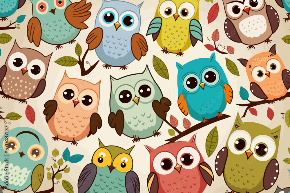 Cute owls birds group color seamless pattern Cute owls birds group color seamless pattern