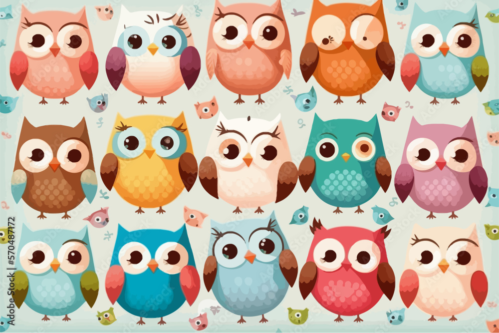 Cute owls birds group color seamless pattern Cute owls birds group color seamless pattern