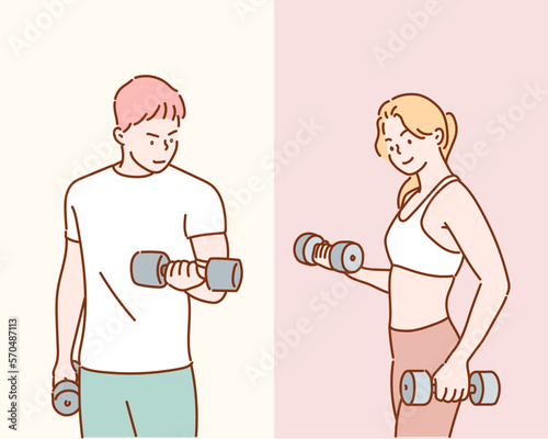 Athletic man and woman with a dumbells. Hand drawn style vector design illustrations.