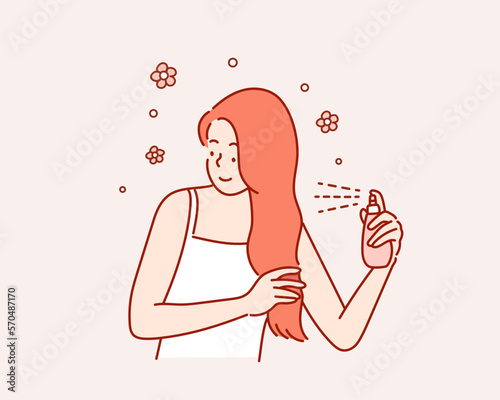 Smiling young woman applying hair spray. Hand drawn style vector design illustrations.