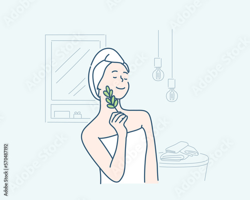Young beautiful woman wearing shower towel after bath. Natural organic skin care, Hand drawn style vector design illustrations.