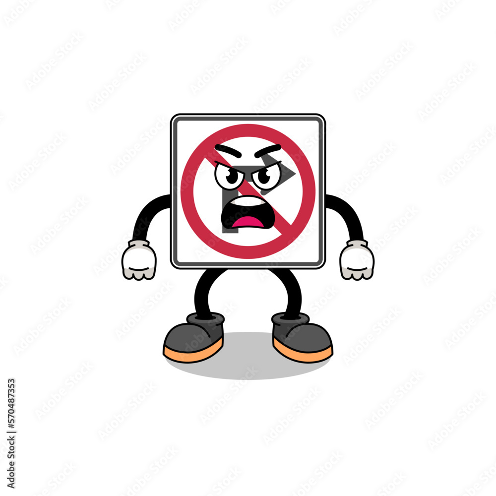 no right turn road sign cartoon illustration with angry expression