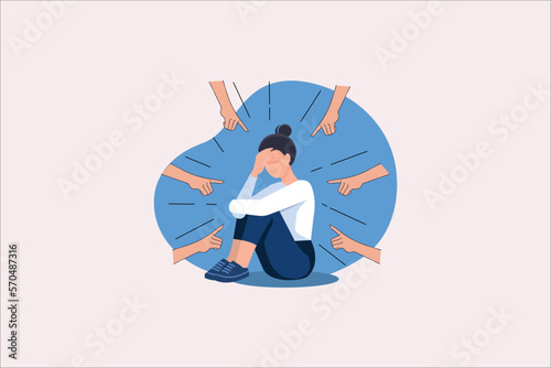 Depressed sad lonely woman in anxiety, sorrow vector cartoon illustration. Loneliness concept of depression with stressed girl sitting and holding her knees need psychotherapy help,