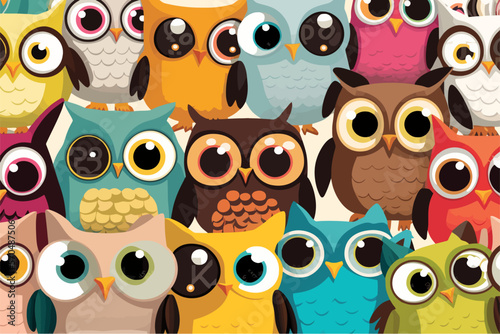 Cute owls birds group color seamless pattern