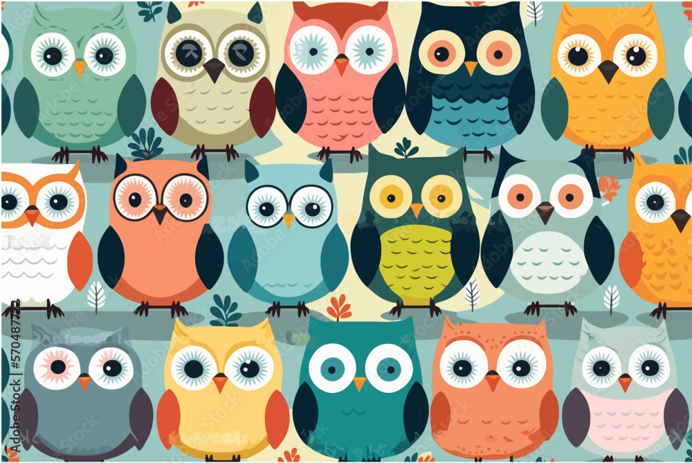 Cute owls birds group color seamless pattern Cute owls birds group color seamless pattern