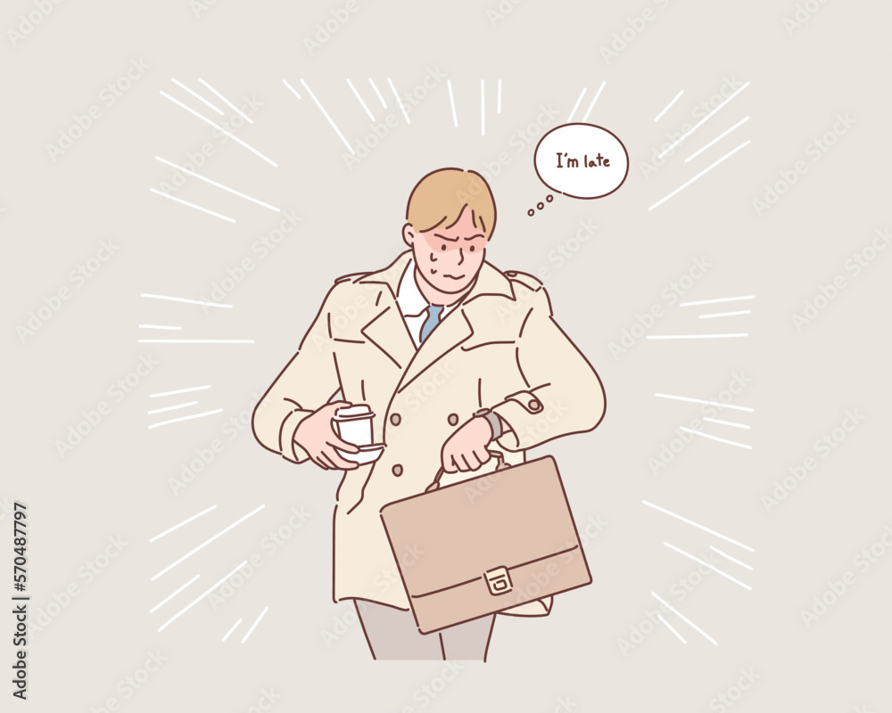 time management failure. stressed businessman running late to a meeting. hurry rush business concept. Hand drawn style vector design illustrations.