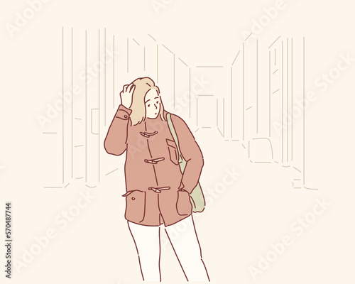 Sad unhappy young woman walking alone the city street. Hand drawn style vector design illustrations.