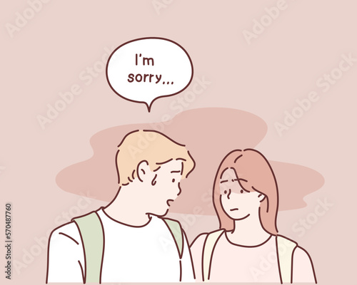 Loving boyfriend apologize before offended upset girlfriend. Hand drawn style vector design illustrations.