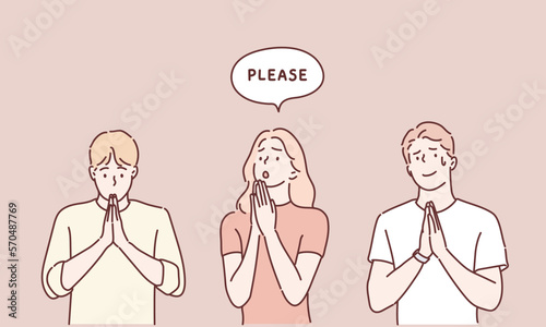 People begging and praying with hands together with hope expression on face very emotional and worried. Hand drawn style vector design illustrations.