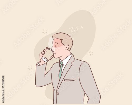 Sleepy or tired employee. A hangover or a disease. Sad businessman holding a glass of coffee. The concept of the beginning of the work week. Hand drawn style vector design illustrations.